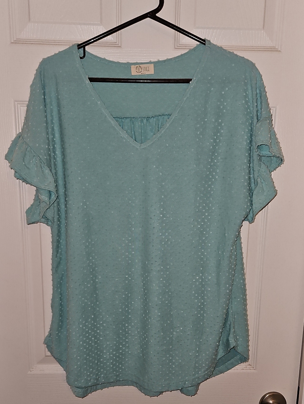 Be Stage Aqua Dotted V-Neck Ruffle Sleeve Top